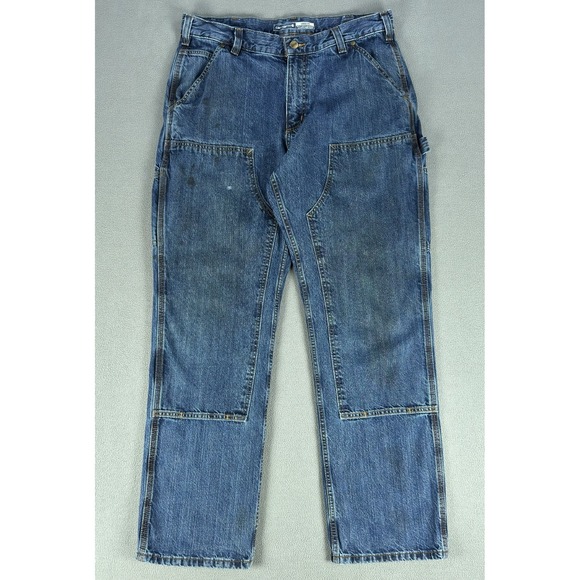 Carhartt Jeans 34x32 Blue Distressed Faded Stain Double Knee Dungaree Loose